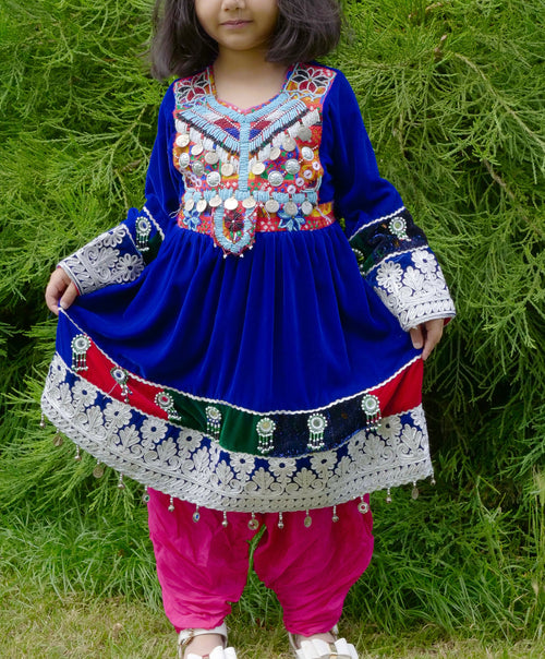 Blue velvet Afghan Children's Dress