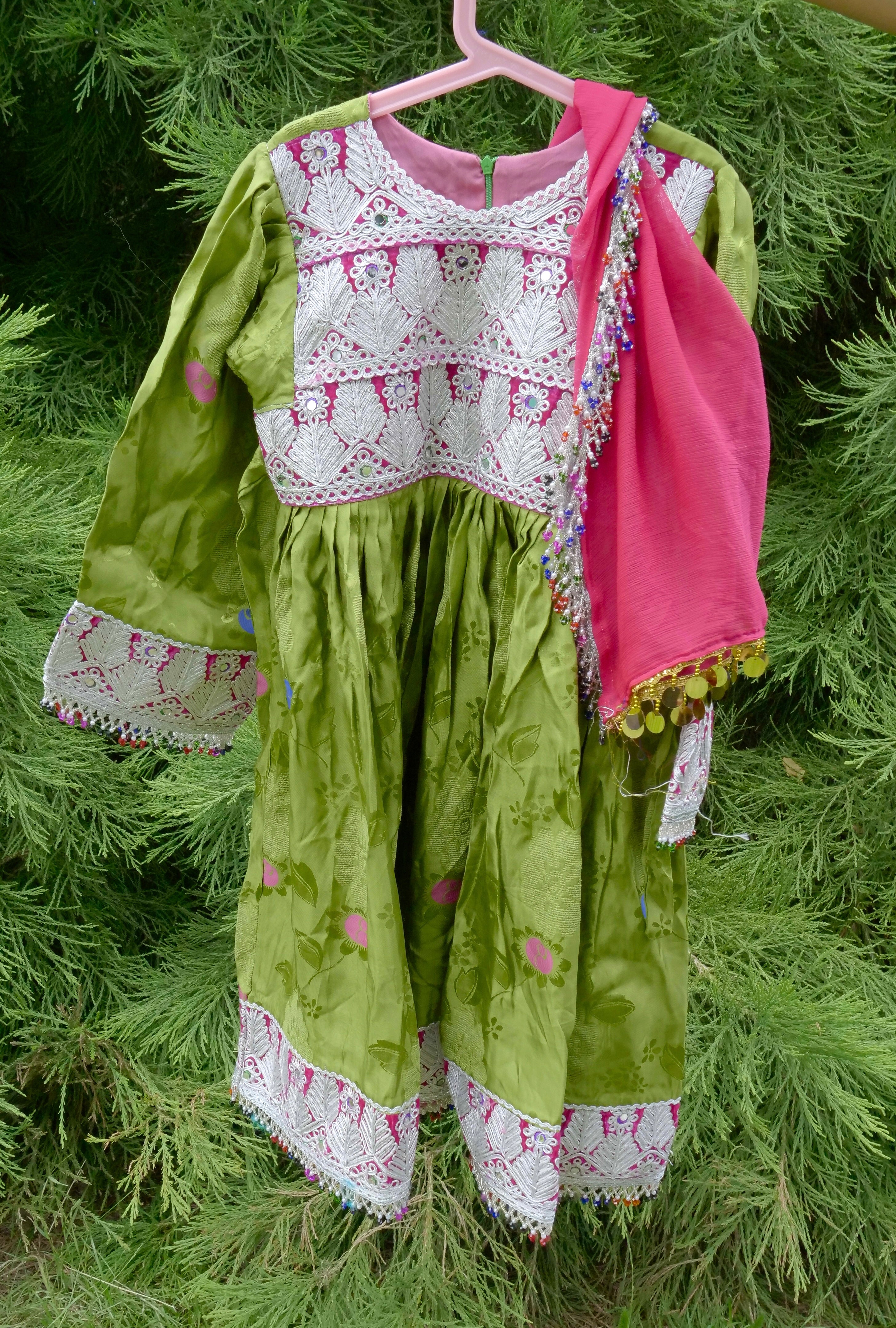 Green and pink Afghan children's dress